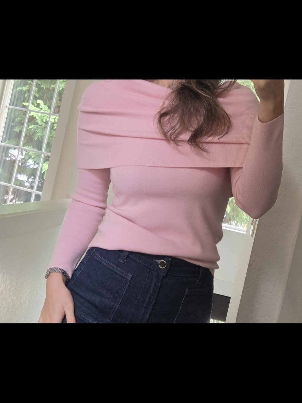 Off-Shoulder Ribbed Trim Pink Sweater